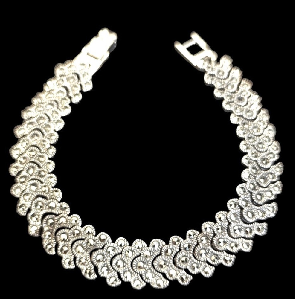 Vintage Art Deco 925 Sterling Marcasite Bracelet Mid Century 7.25in, 34.5 grams